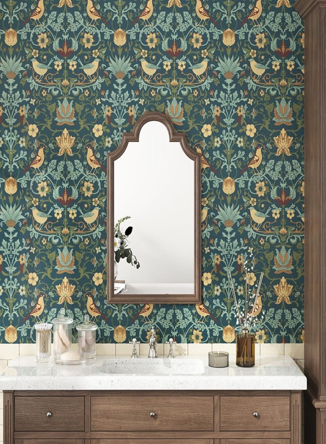 WESTICK ورق حائط ويليام موريس بتصميم طيور بوهو عتيق، قابل للتقشير واللصق، بتصميم فن الآرت نوفو، ورق حائط نباتي ذاتي اللصق، مناسب لغرفة النوم وغرفة المعيشة، مقاس 17.5×102 بوصة - Image 5