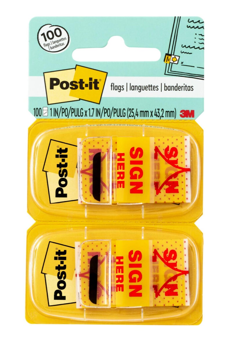 Post-it Message Flags, Sign Here, 50/Dispenser, 2 Dispensers/Pack, 1 in Wide, Yellow (680-SH2) - Image 1