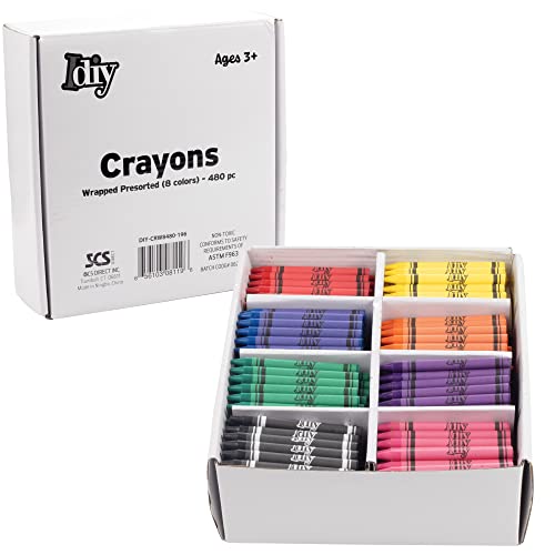 SCS Direct IDIY Wrapped Bulk Wax Crayons 480 Count- 8 Colors (60 Each) Pre-sorted, ASTM Safety Tested for Kids, Teachers, Classroom Art Supplies, Restaurants, Non-Toxic Xmas Stocking Stuffers, Holiday Gift Set - Image 1