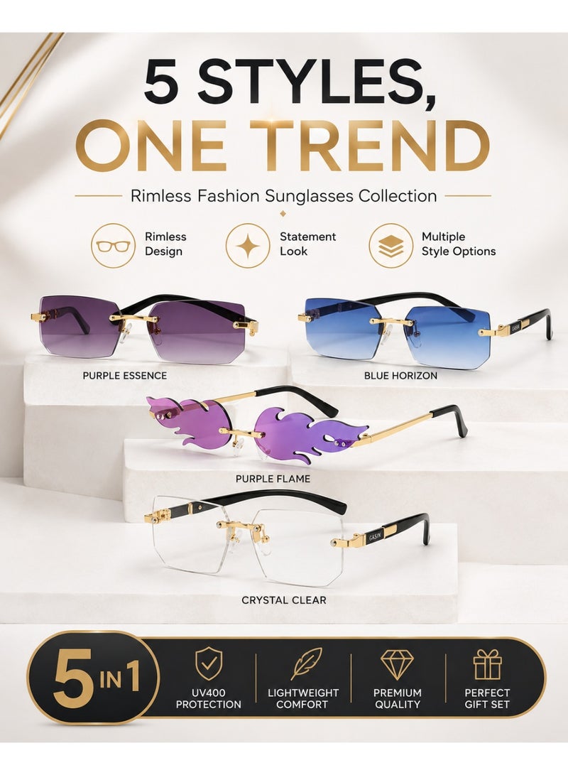 Gasin 5-Piece Rimless Fashion Glasses Set for Men and Women, UV Protection Sunglasses and Clear-Lens Eyewear, Lightweight Gold-Tone Design for Parties, Travel and Street Style - Image 2
