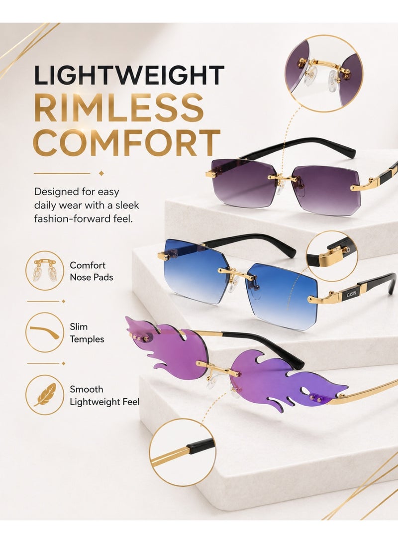 Gasin 5-Piece Rimless Fashion Glasses Set for Men and Women, UV Protection Sunglasses and Clear-Lens Eyewear, Lightweight Gold-Tone Design for Parties, Travel and Street Style - Image 3