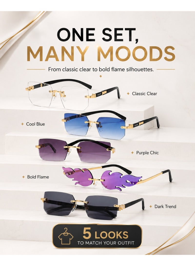 Gasin 5-Piece Rimless Fashion Glasses Set for Men and Women, UV Protection Sunglasses and Clear-Lens Eyewear, Lightweight Gold-Tone Design for Parties, Travel and Street Style - Image 4