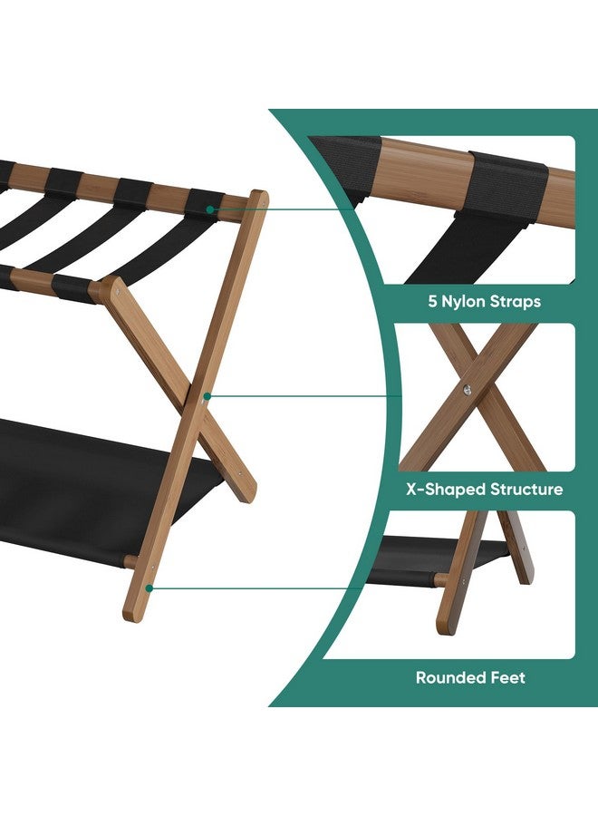 Smuxee Walnut Bamboo Luggage Rack Pack of 2, Foldable Suitcase Stand with Storage Shelf, Easily Assembled Luggage Stand with 5 Nylon-Straps for Guest Room Hotel Bedroom - Image 4