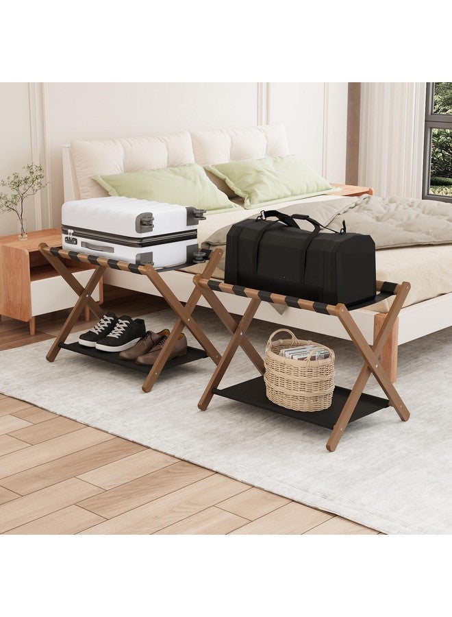 Smuxee Walnut Bamboo Luggage Rack Pack of 2, Foldable Suitcase Stand with Storage Shelf, Easily Assembled Luggage Stand with 5 Nylon-Straps for Guest Room Hotel Bedroom - Image 1