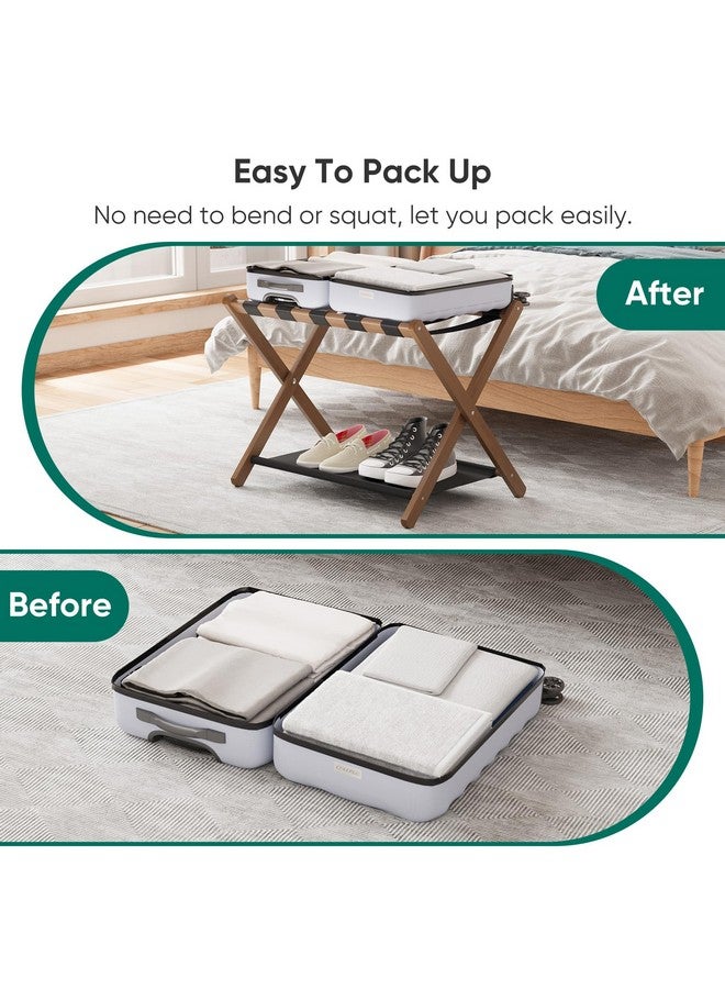 Smuxee Walnut Bamboo Luggage Rack Pack of 2, Foldable Suitcase Stand with Storage Shelf, Easily Assembled Luggage Stand with 5 Nylon-Straps for Guest Room Hotel Bedroom - Image 3