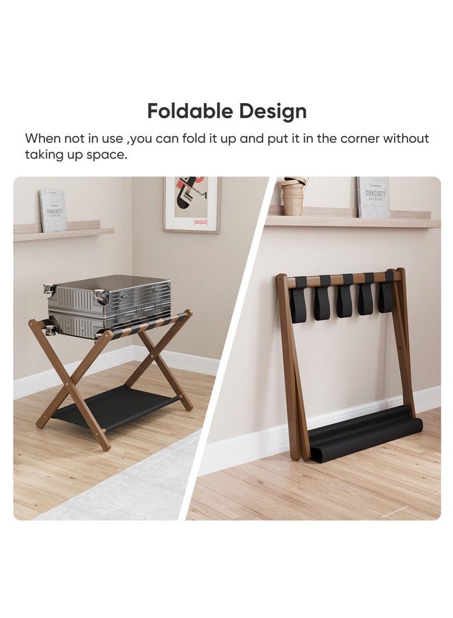 Smuxee Walnut Bamboo Luggage Rack Pack of 2, Foldable Suitcase Stand with Storage Shelf, Easily Assembled Luggage Stand with 5 Nylon-Straps for Guest Room Hotel Bedroom - Image 2