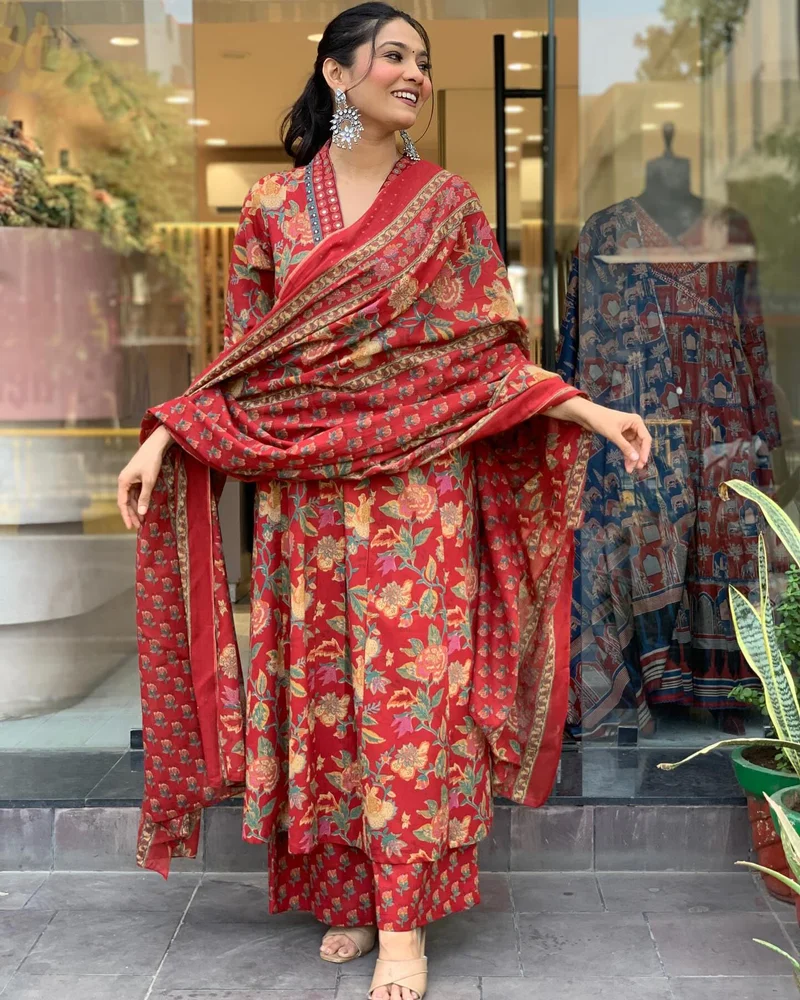 GoSriKi Women's Rayon Blend Anarkali Printed Kurta with Palazzo & Dupatta Red