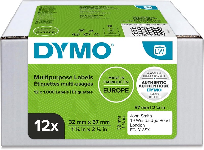 Dymo Original LabelWriter Multi-Purpose Labels, 32 mm x 57 mm, 12 Rolls of 1,000 Easy Peel Labels (12,000 Labels), Self-Adhesive Labels, for LabelWriter Labelling Machine - Image 1