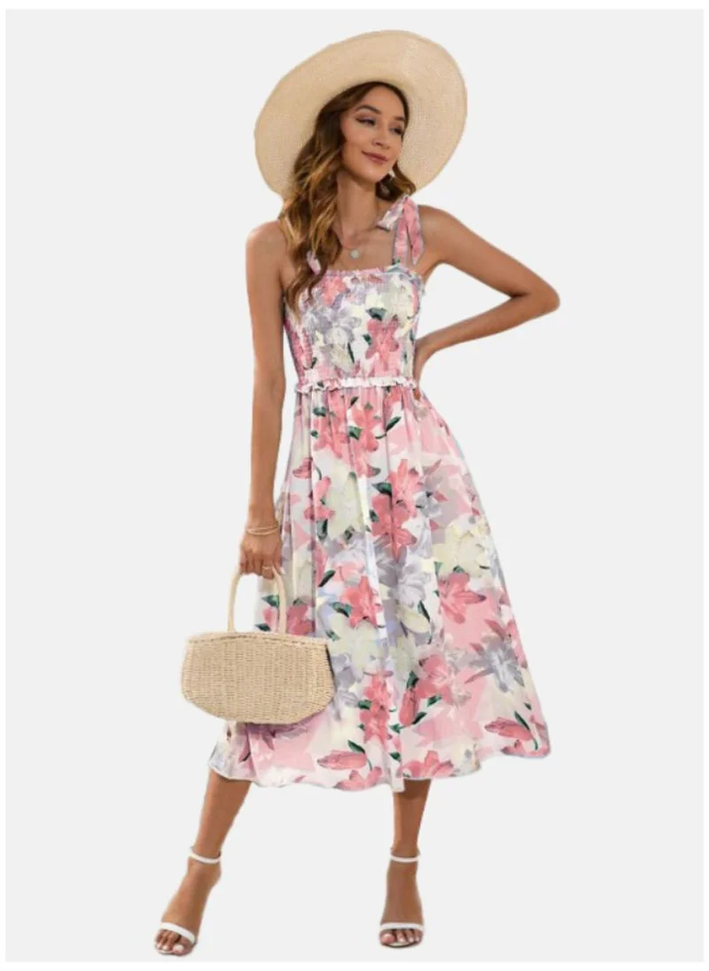 يونيكي White & Pink Floral Printed Shoulder Straps Smocked Fit & Flare Dress