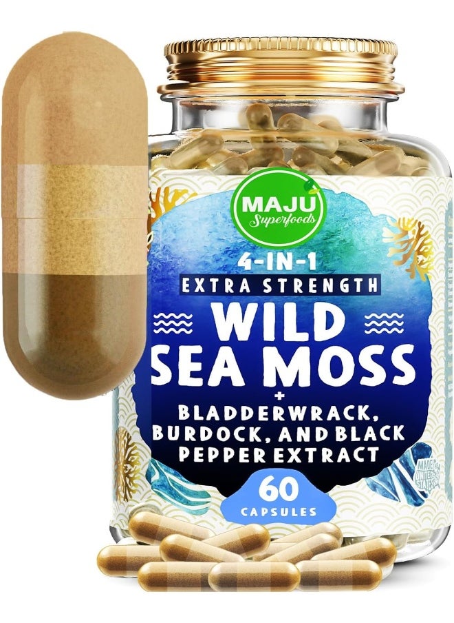 Maju Superfoods Maju 4-In-1 Organic Sea Moss Capsules, Wild Chondrus Crispus, Seamoss W/Bladderwrack + Burdock Root, Stronger Than Gel, Irish, Sebi Inspired Raw Powder In Pills, 500 Mg Capsule (60 Ct)  - Image 1