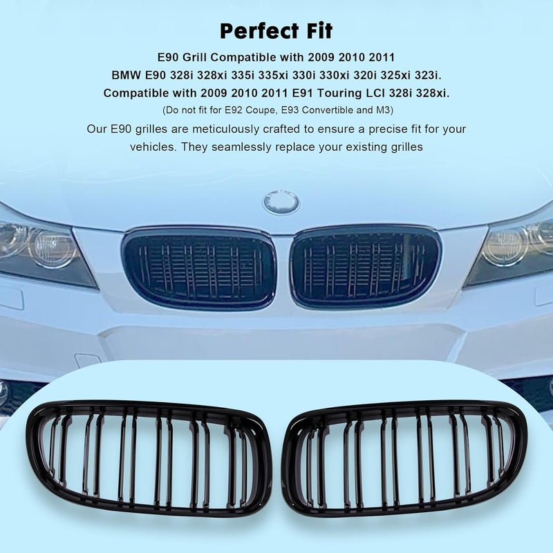 DOCAS Front Bumper Kidney Grille, Pair Gloss Black Grill Double Line Compatible with 2009-2011 BMW E90 328i 318i 320i 323i 325i 330i 335i - Image 4