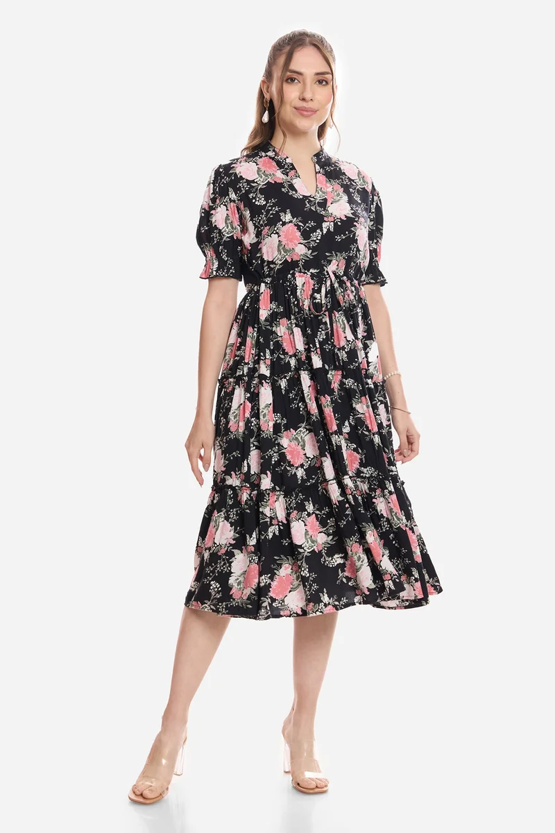 Virgio Floral Viscose Printed Tiered Dress for Women