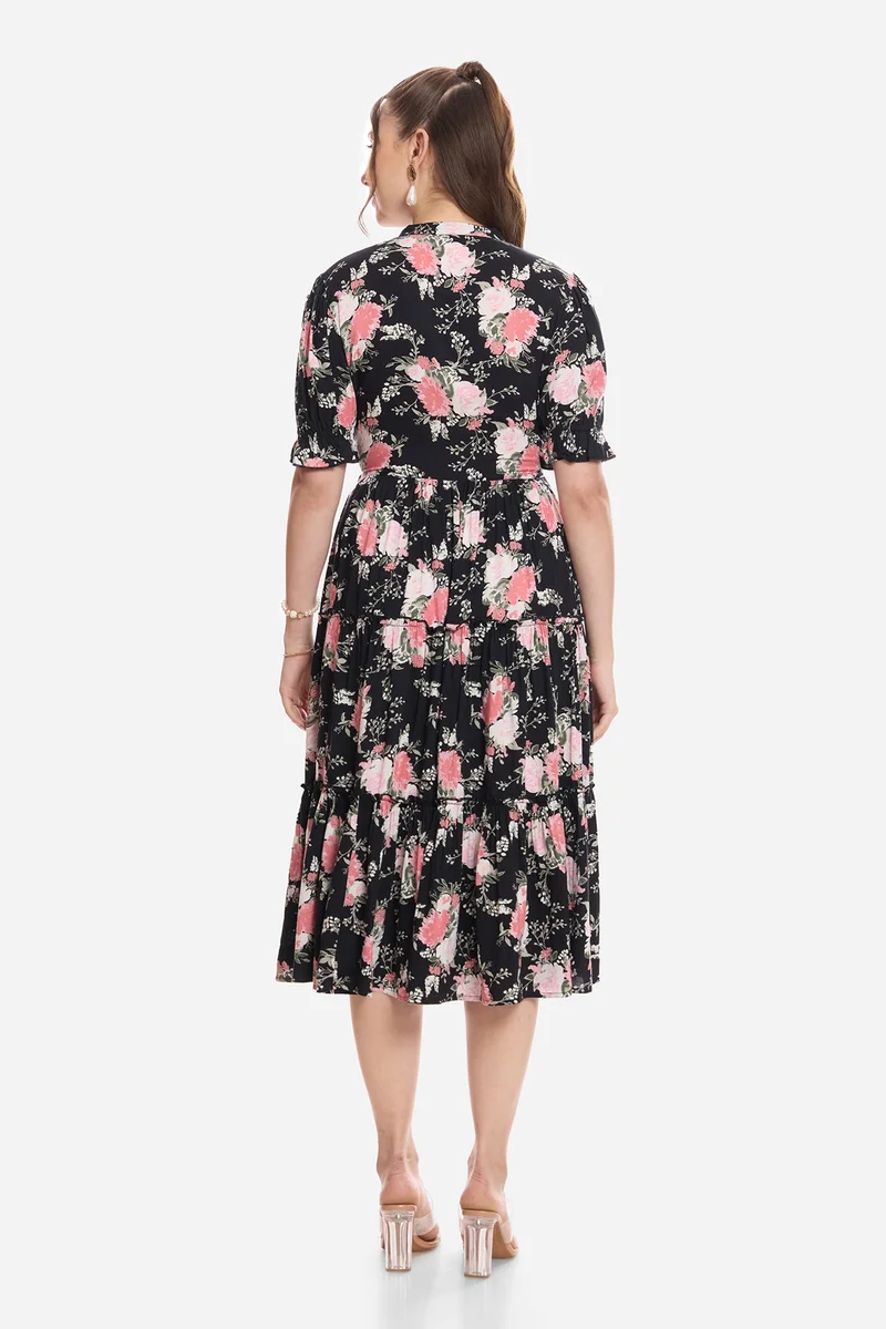 Virgio Floral Viscose Printed Tiered Dress for Women