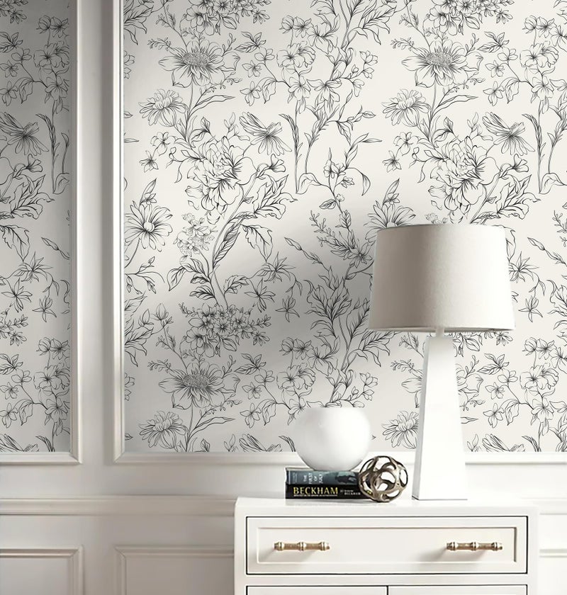 Hopepak Black and Cream White Wallpaper Floral Peel and Stick Wallpaper 17.3''x78.7'' Self Adhesive Removable Vintage Wall Paper for Bedroom Flower Boho Contact Paper for Cabinets Drawers Vinyl - Image 2