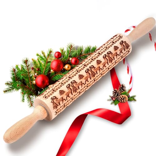 tietoc Stocking Stuffers Gifts for Women, Wooden Embossed Rolling Pin for Baking, Deep Engraved Embossing Rolling Pins with Christmas Elk Deer Pattern Designs for Baking Cookies Stamps Roller, DIY Tools - Image 1