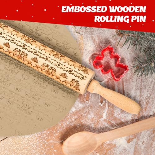 tietoc Stocking Stuffers Gifts for Women, Wooden Embossed Rolling Pin for Baking, Deep Engraved Embossing Rolling Pins with Christmas Elk Deer Pattern Designs for Baking Cookies Stamps Roller, DIY Tools - Image 4