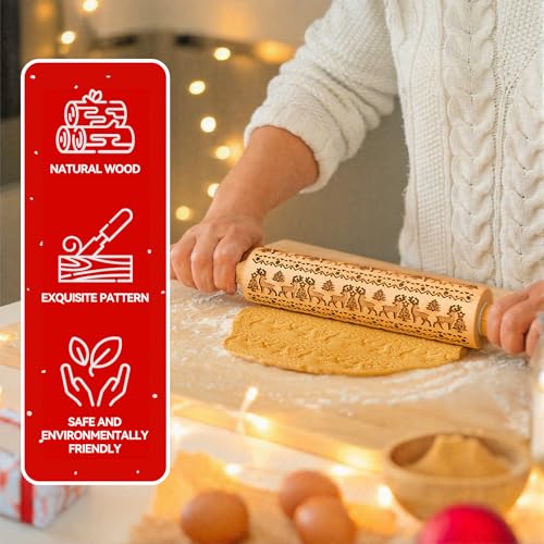 tietoc Stocking Stuffers Gifts for Women, Wooden Embossed Rolling Pin for Baking, Deep Engraved Embossing Rolling Pins with Christmas Elk Deer Pattern Designs for Baking Cookies Stamps Roller, DIY Tools - Image 5