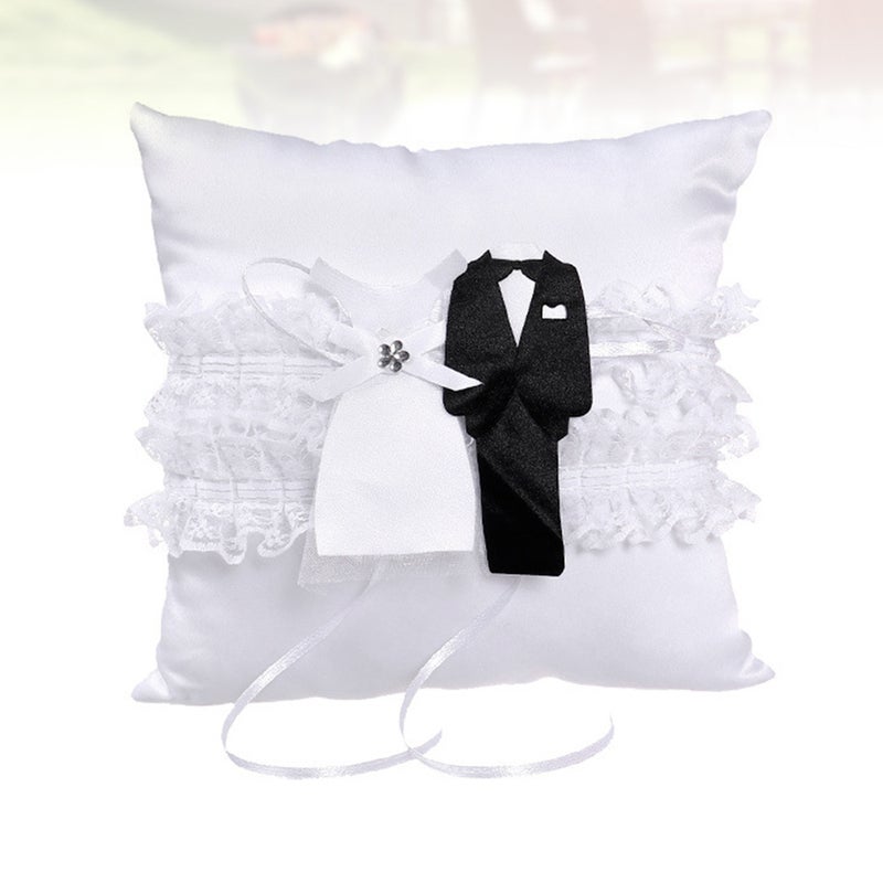 Bride Groom Dress Design Cushion Bearer Pillow Decorative White Lace Pillow for Wedding Engagement Ceremony without Basket - Image 1
