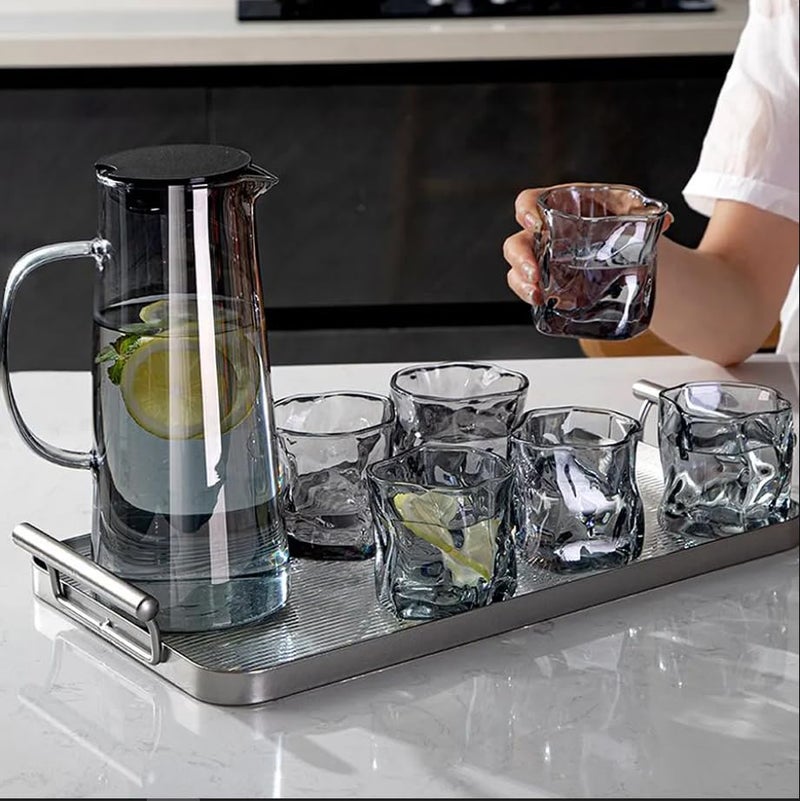 Mevanta Premium Water and Juice Black Glass & Borosilicate Glass Jug Set Combo [6 Piece Glass 300ML & 1 Piece Jug 1.8 Liter] Transparent Pitcher Set For Dining Table,Home & Restaurant,Party (MTS - 05) - Image 1