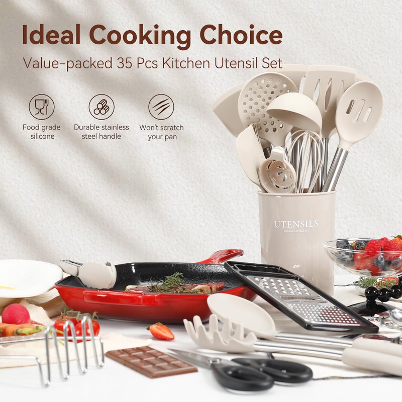 NCUE Silicone Cooking Utensils Set, NCUE 35 Pcs Kitchen Utensils Set with Holder, with Stainless Steel Handle Spatula Set, Spoons, Pasta Server, Cheese Grater, Masher, Scissors, Dishwasher Safe (Khaki) - Image 2