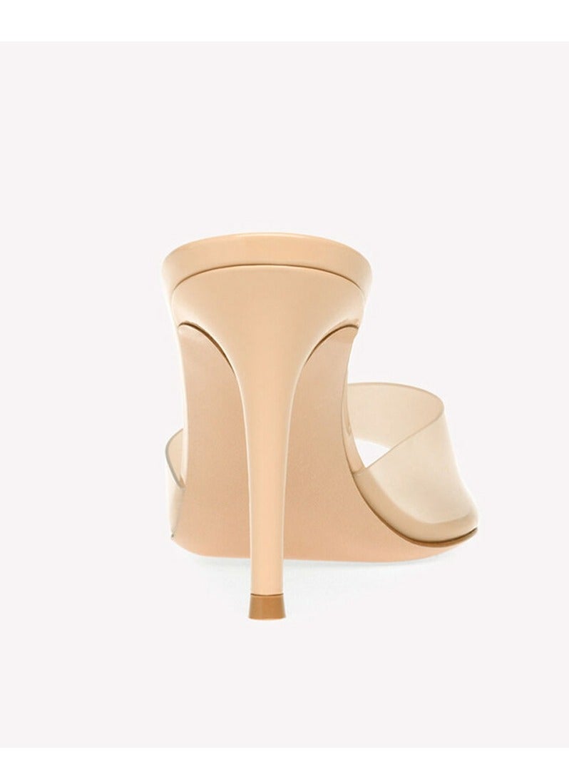 Loquat Women's Transparent Pointed Toe One Line Design High Heeled Sandals Stiletto Heel Open Toe Slip On High Heels Slippers Beige 8.5CM  - Image 4