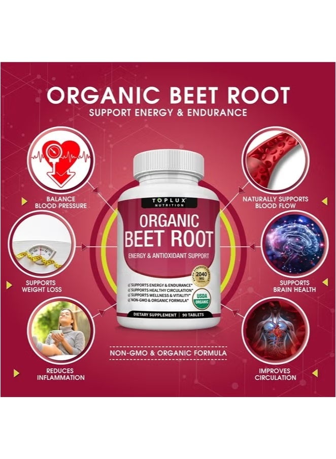 توب لوكس أقراص مسحوق جذر الشمندر العضوي – تركيبة قوية 2040 ملغ مع الفلفل الأسود، دعم أكسيد النيتريك والدورة الدموية – 90 قرص نباتي - Image 2