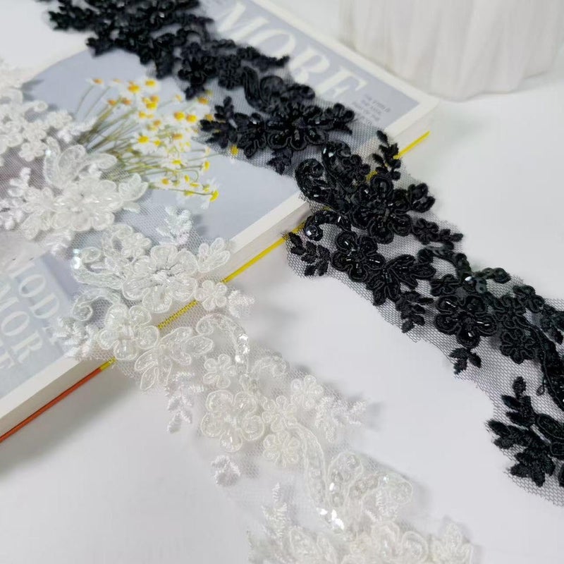 VIRFONOR 2yard Ivory Embroidered Lace Trim with Sequins and Beads,Floral Lace AppliquÃ© Ribbon for Wedding Dresses, Gowns, Headpieces, DIY Sewing Crafts (Pattern B) - Image 5