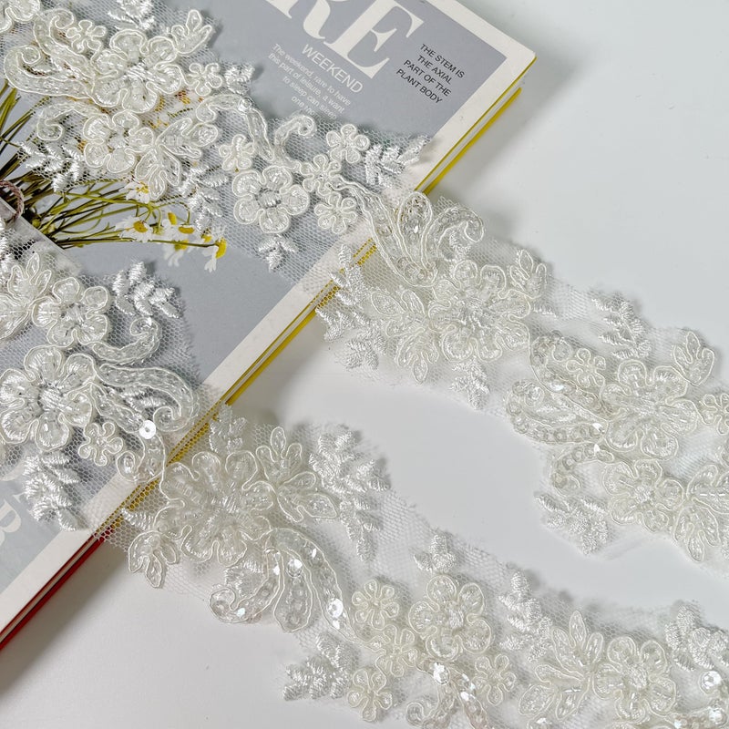 VIRFONOR 2yard Ivory Embroidered Lace Trim with Sequins and Beads,Floral Lace AppliquÃ© Ribbon for Wedding Dresses, Gowns, Headpieces, DIY Sewing Crafts (Pattern B) - Image 1