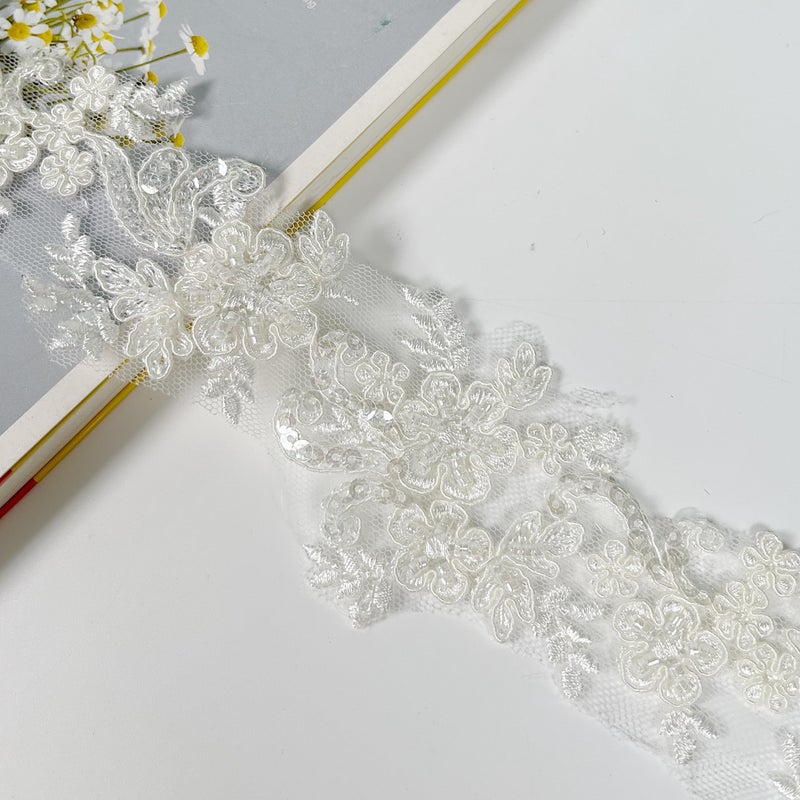 VIRFONOR 2yard Ivory Embroidered Lace Trim with Sequins and Beads,Floral Lace AppliquÃ© Ribbon for Wedding Dresses, Gowns, Headpieces, DIY Sewing Crafts (Pattern B) - Image 3