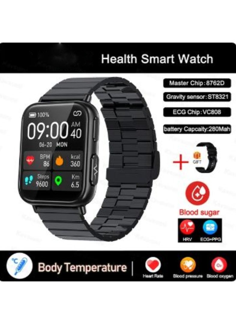 AROAQ Accurate Measure Blood Sugar Smart Watch Men ECG+PPG Heart Rate Blood Oxygen Health Smartwatch Women Sport Watches( Steel Strap With 1Extra Strap ) - Image 1