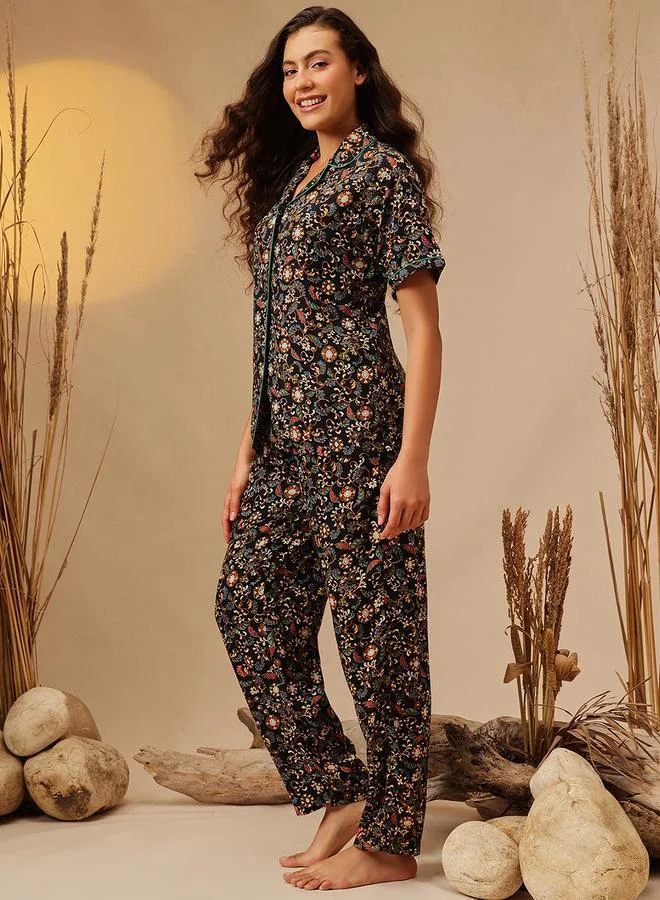 كلوفيا Black Paisley Print Shirt and Pants Pyjama Set