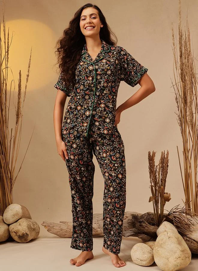 كلوفيا Black Paisley Print Shirt and Pants Pyjama Set