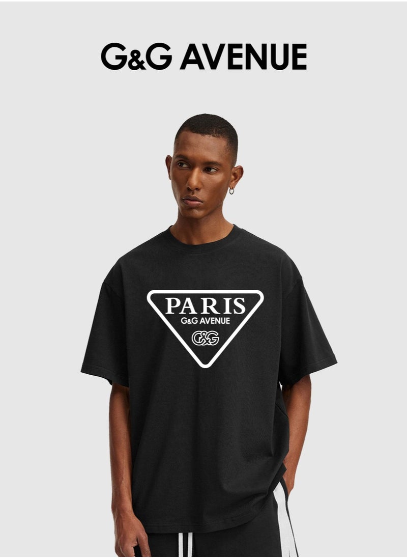 G&G AVENUE Heavy cotton fabric Men's cotton washed black T-shirt Oversized fitting unisex short sleeved street clothing rap hip-hop triangle printed T-shirt  - Image 1