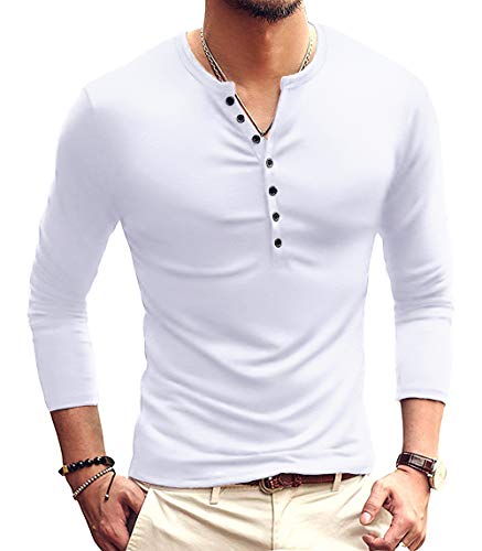 YTD Mens Casual Slim Fit Basic Henley Long Sleeve Fashion T-Shirt L White - Image 1