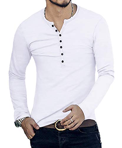YTD Mens Casual Slim Fit Basic Henley Long Sleeve Fashion T-Shirt L White - Image 3