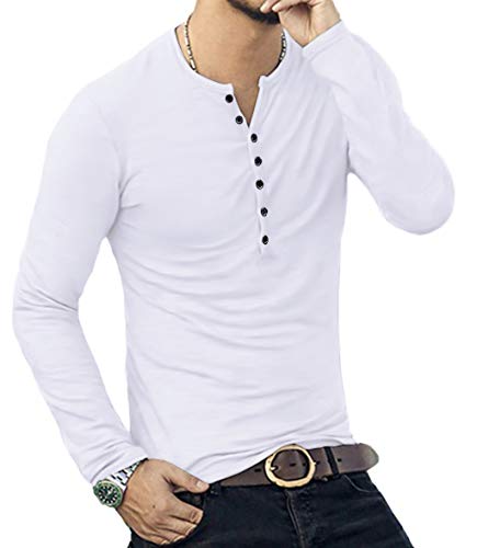 YTD Mens Casual Slim Fit Basic Henley Long Sleeve Fashion T-Shirt L White - Image 5