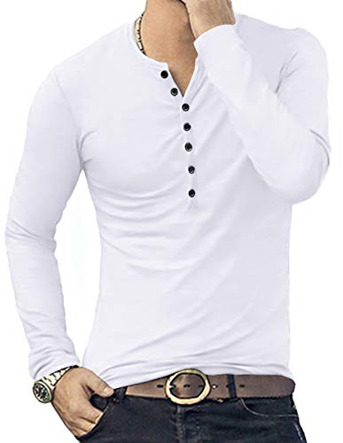 YTD Mens Casual Slim Fit Basic Henley Long Sleeve Fashion T-Shirt L White - Image 4