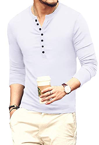 YTD Mens Casual Slim Fit Basic Henley Long Sleeve Fashion T-Shirt L White - Image 2