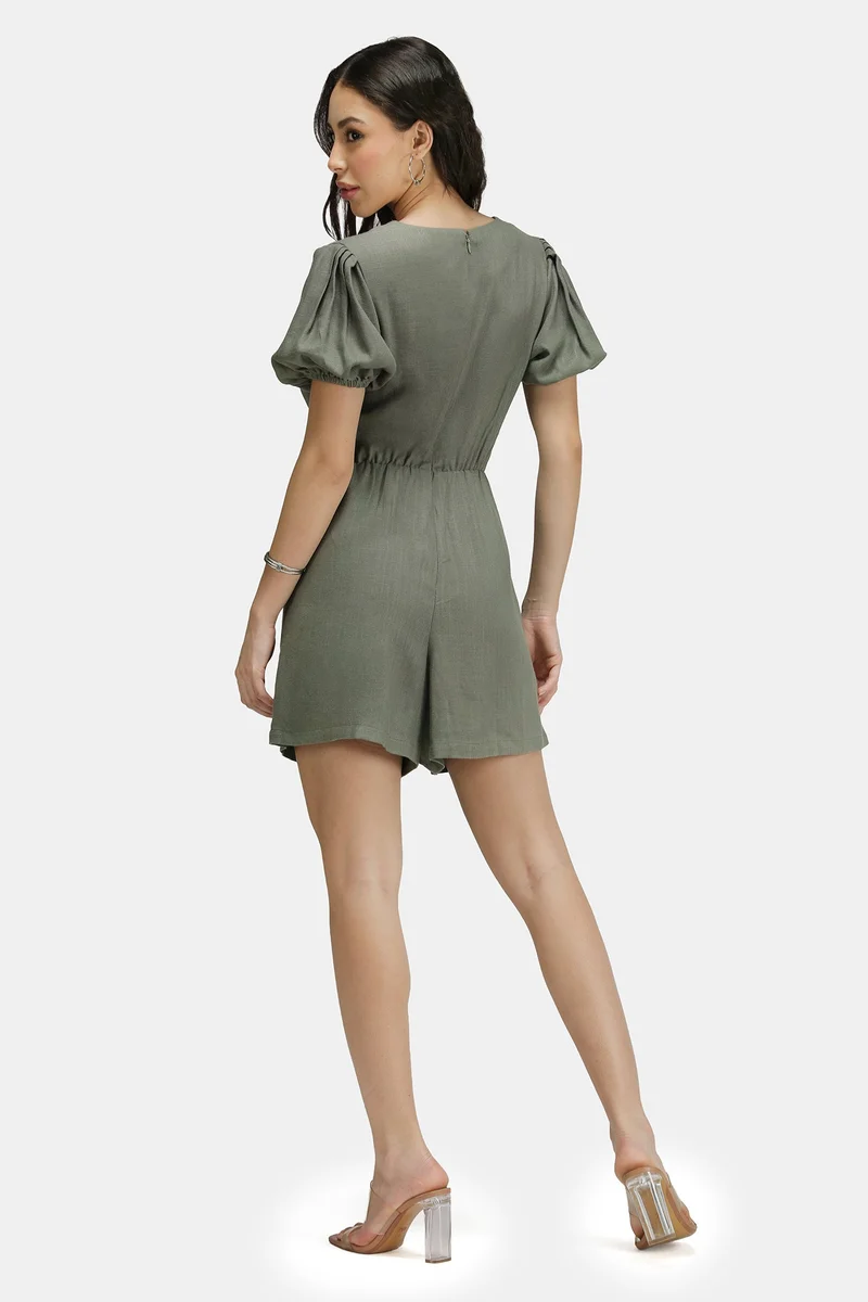 Virgio Olive Solid Linen Ring Cut-Out Detail Playsuit for Women for Women | Best Price UAE