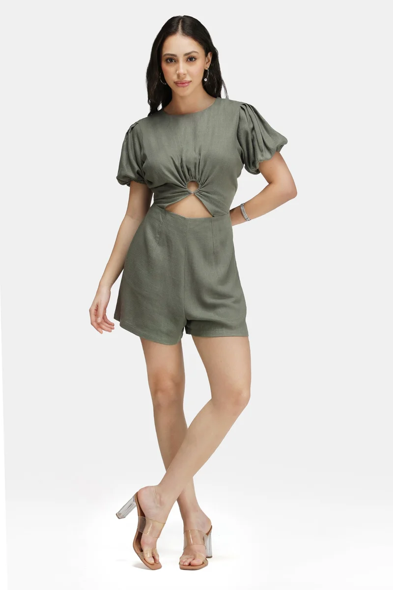 فيرجيو Solid Linen Ring Cut-Out Detail Playsuit for Women
