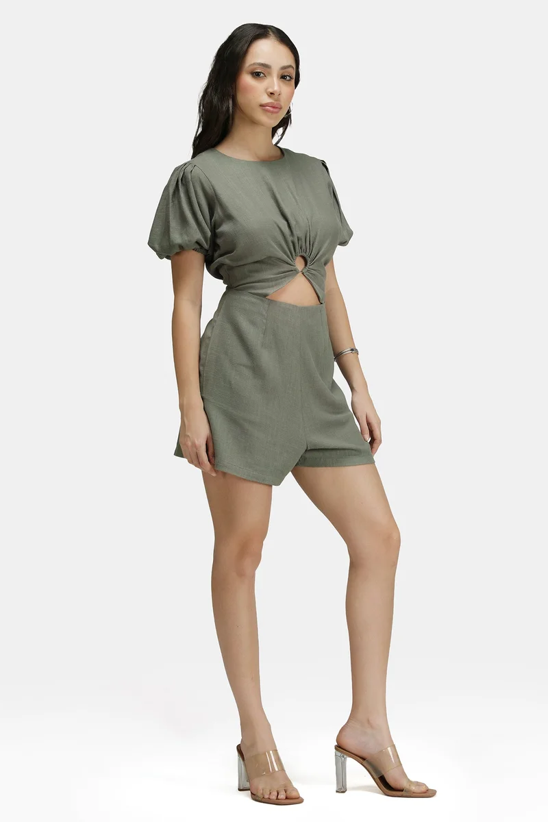 Virgio Olive Solid Linen Ring Cut-Out Detail Playsuit for Women for Women | Best Price UAE