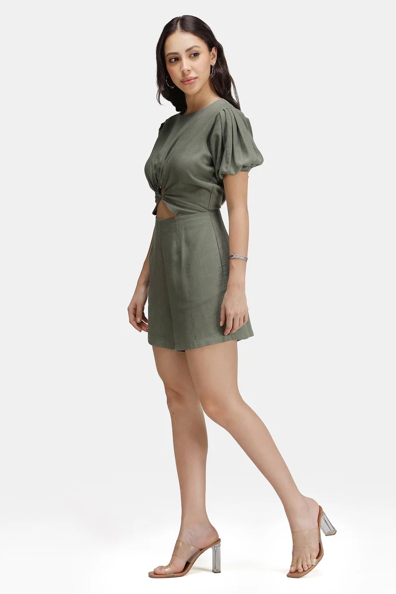 Virgio Olive Solid Linen Ring Cut-Out Detail Playsuit for Women for Women | Best Price UAE
