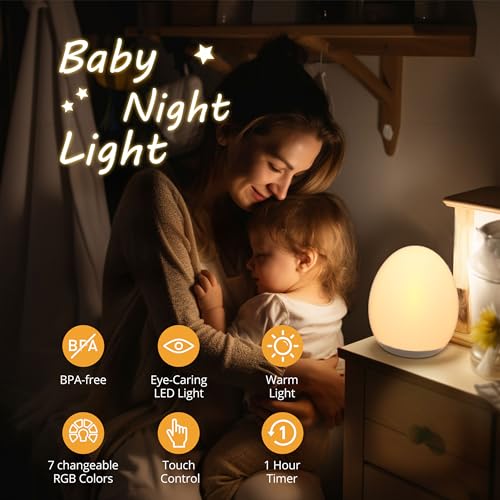 JolyWell Night Light for Kids, Baby Night Light with 7 Colors Changing Mode & Stepless Dimming, Nursery Night Light BPA Free,Rechargeable Egg Night Light for Breastfeeding 1h Timer & Touch Control - Image 2