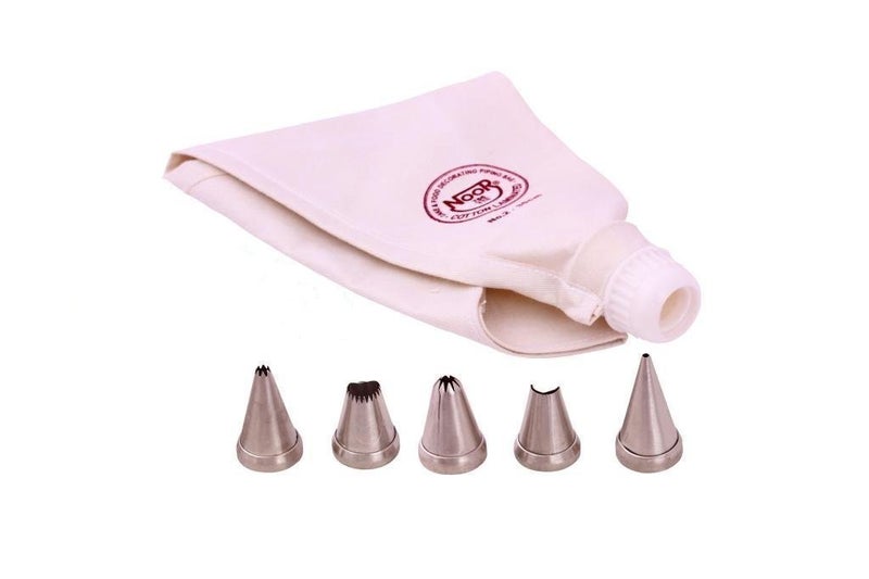 Noor Cake Decoration Icing Bag (Reusable) 35cm with 5 Nozzle, Steel and Cotton ,White, 6 Pc Set - Image 4