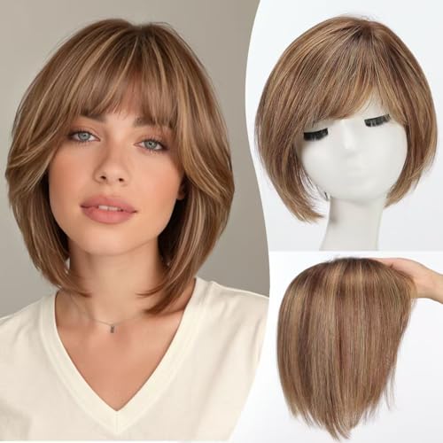EMMOR Human Hair Toppers for Women Short Bob Real Hair with Bangs 10 Side Part Hairpieces for Women with Thin Hair 65 65 Larger Base Human Wig ToppersMixed Brown - Image 1