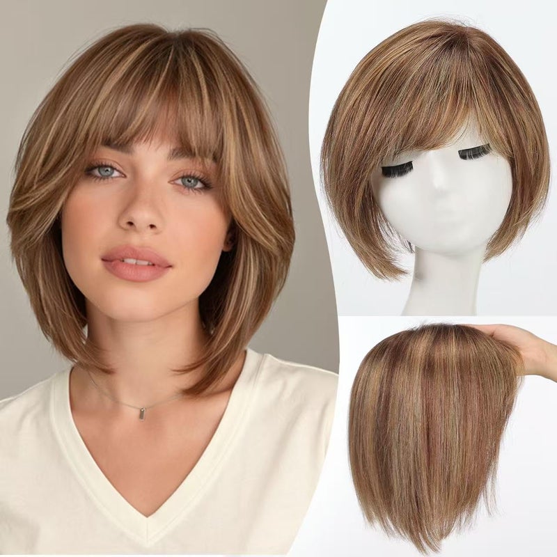 EMMOR Human Hair Toppers for Women Short Bob Real Hair with Bangs 10 Side Part Hairpieces for Women with Thin Hair 65 65 Larger Base Human Wig ToppersMixed Brown - Image 2