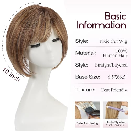 EMMOR Human Hair Toppers for Women Short Bob Real Hair with Bangs 10 Side Part Hairpieces for Women with Thin Hair 65 65 Larger Base Human Wig ToppersMixed Brown - Image 3
