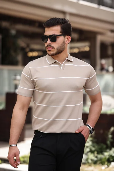 Miron Beige Striped Knitwear Polo Neck T-Shirt - 2427