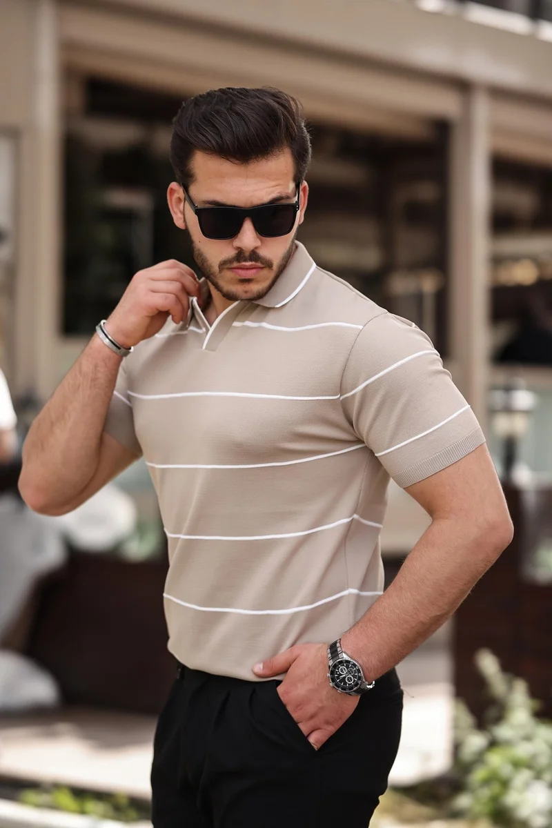 Miron Beige Striped Knitwear Polo Neck T-Shirt - 2427
