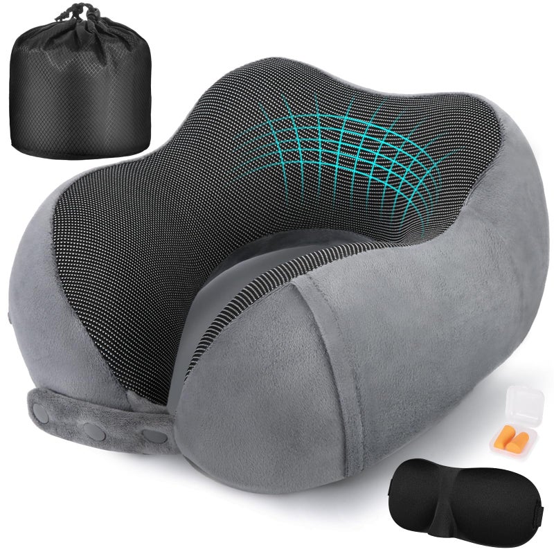 Cirorld Neck Pillow for Traveling, Travel Pillows for Airplanes,100% Pure Memory Foam Travel Neck Pillow, Adjustable Flight Pillow, Portable Plane Accessories with Eye Mask, Earplugs, Carry Bag - Image 1
